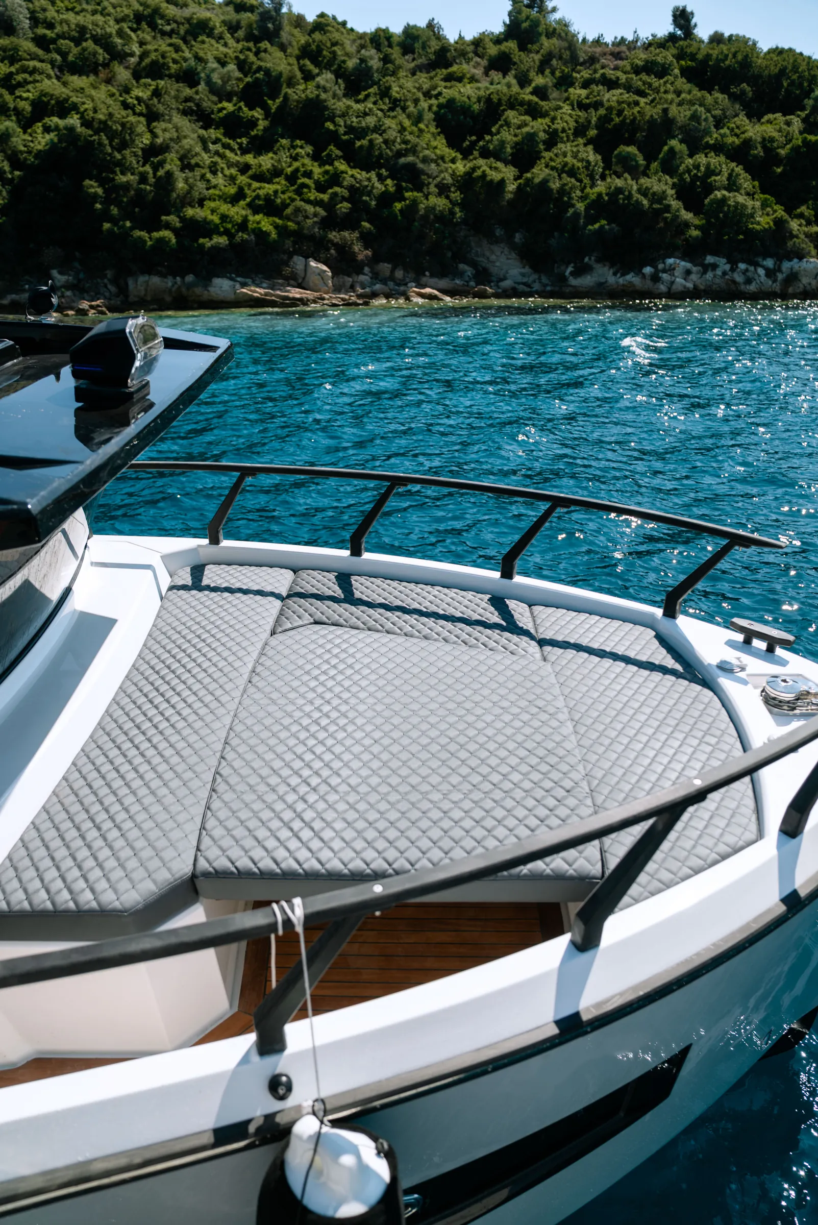 The quilted bow sunpad inside a black rail, the sea and a wooded shore beyond